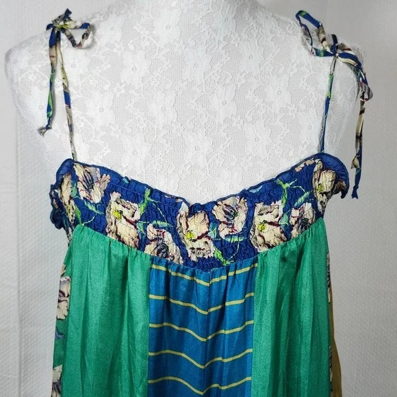 Johnny Was 100% Silk Handkerchief Dress L Boho‎ Floral Patchwork Maxi FLAW - Picture 4 of 11